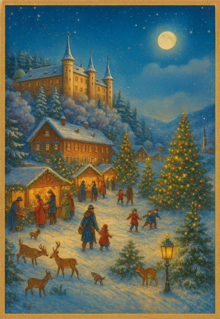 Vintage-Malerei-vom-Schloss-Tratzberg-im-Winter-festlich